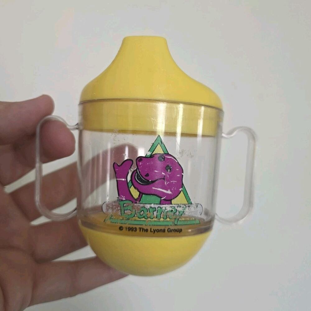Vintage 1993 Barney Purple Dinosaur Sippy Cup Yellow Double Handle